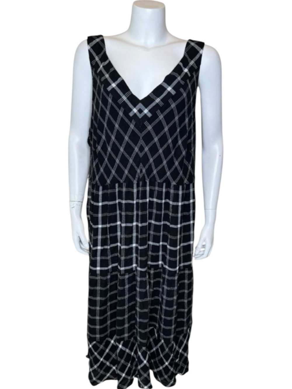J Jill Plaid Midi Dress 4X V-Neck Tiered Boho Black White